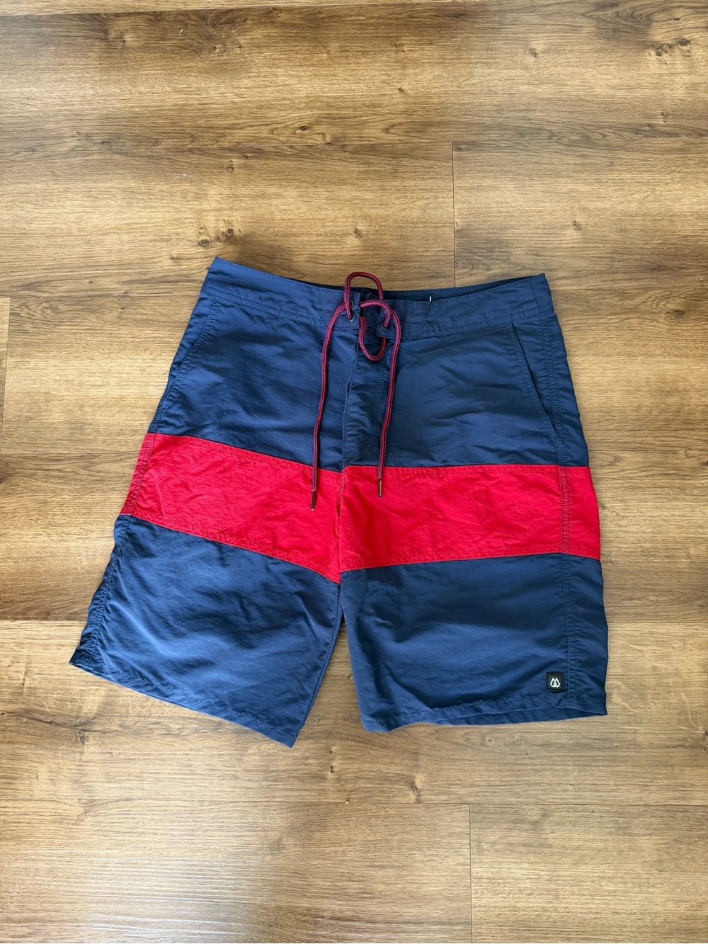 Men's Navy Swim Board Shorts with Red Stripe